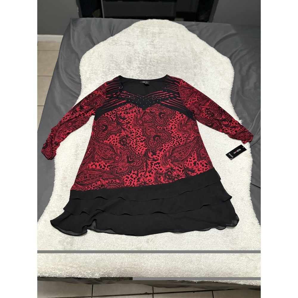 Style & Co. Black Red Prints Chiffon Tiered  Bottom Hem Studded Tunic Top Sz XL